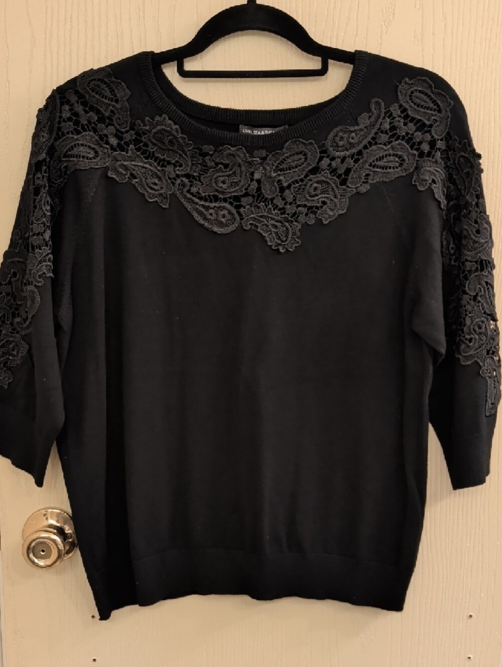 Chelsea & Theodore Black Lace Trim Sweater XL NWT 3/4 Sleeve Knit Top